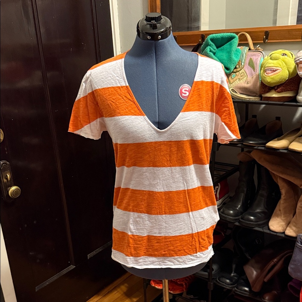 Zara Men Orange and White Striped V-Neck T-Shirt